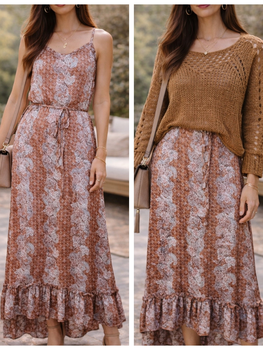 Mystree Boho Maxi Dress Medium | Rust Paisley Floral slip Dress Ruffle Hem